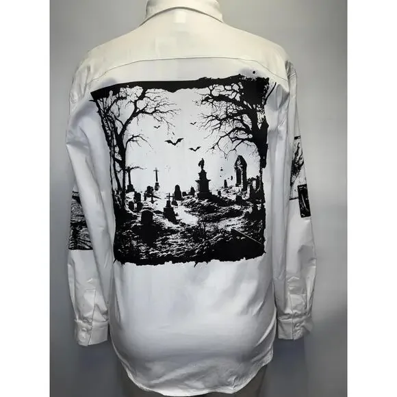 NWT - ocial Collision Skull Grave Patch Long-Sleeve Woven Button-Up - Unisex SM - Picture 3 of 8